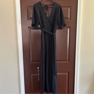 Francesca’s mi ami NWT black sparkly deep V jumpsuit size large belt tie $54